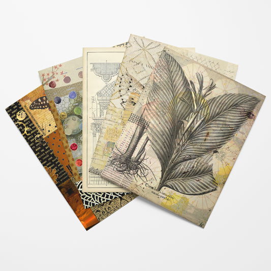 Set of four vintage-style collage papers  with botanical and decorative designs on a white background.