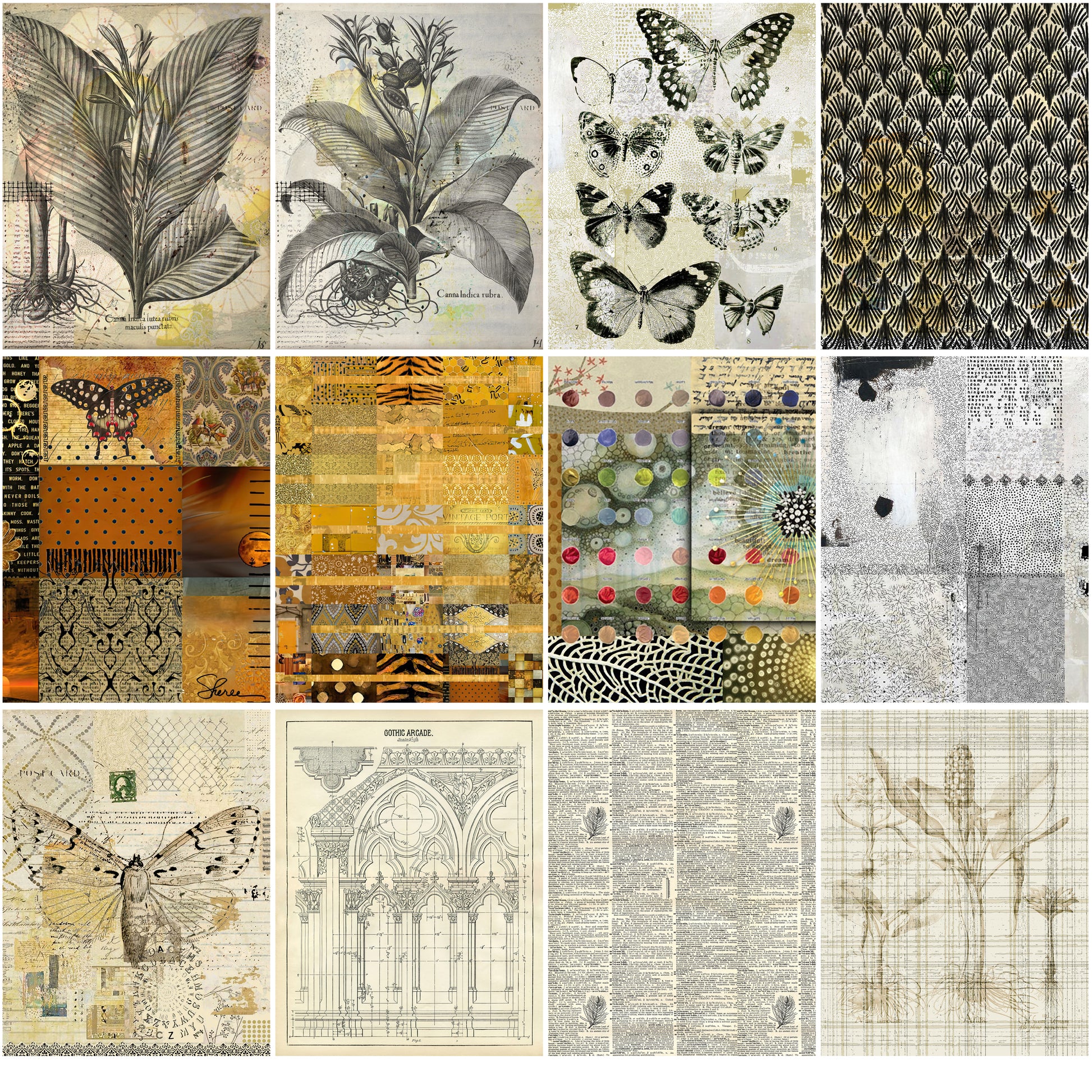Set of 12 vintage-style collage papers  with botanical and decorative designs in a 4 over 3 grid