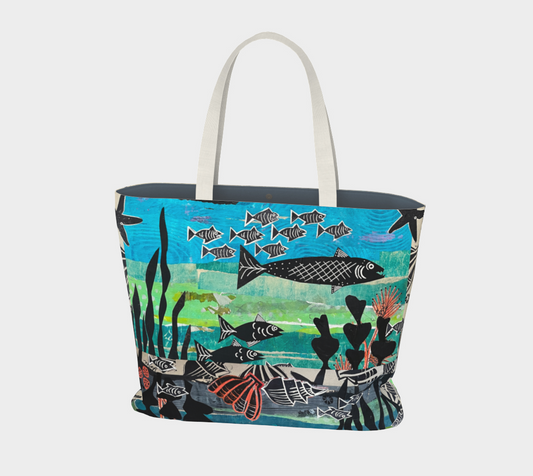 Tote bag with underwater fish design on a white background