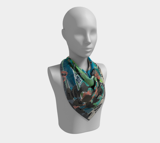 Mannequin wearing a colorful scarf on a white background
