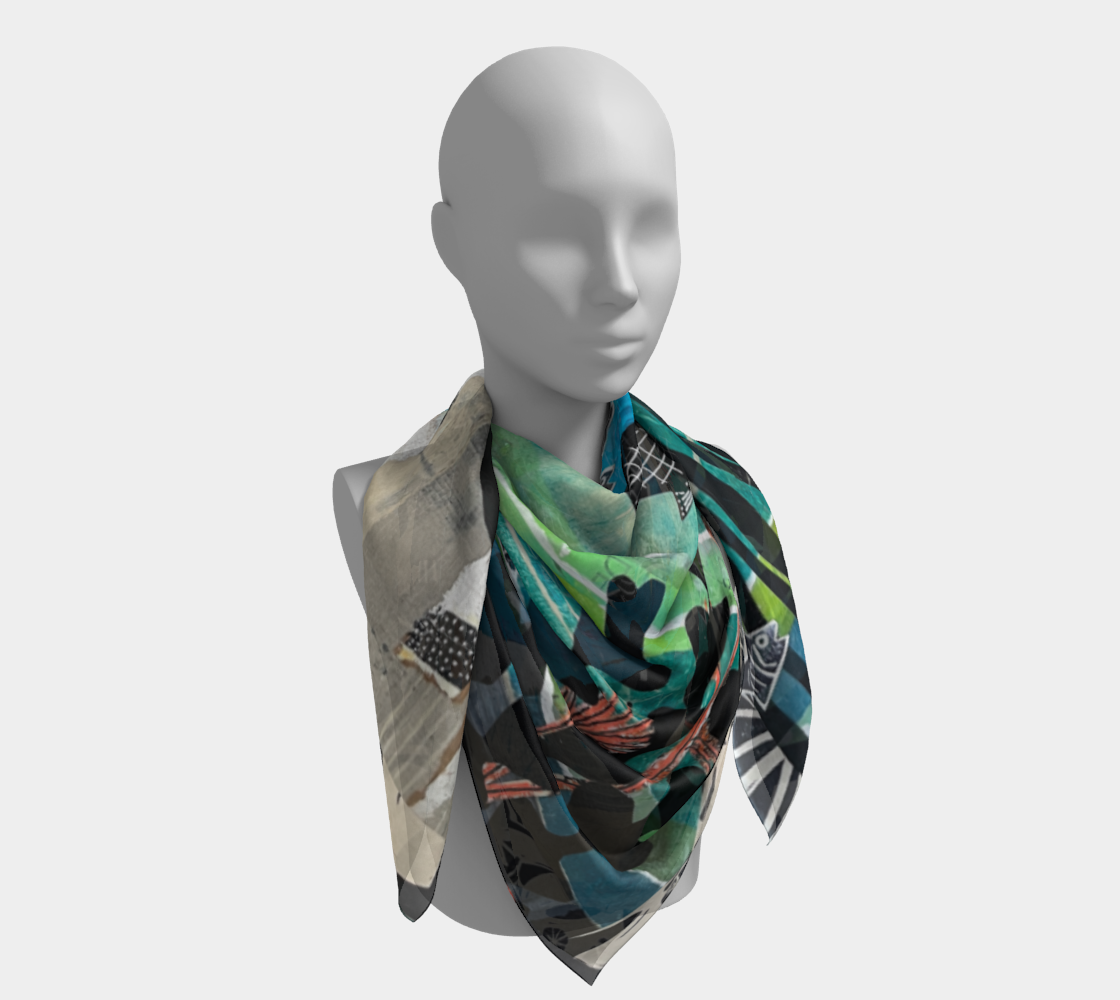 Mannequin wearing a colorful patterned scarf on a white background