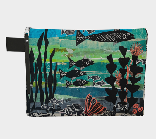 Fabric pouch with underwater scene design featuring fish and plants on a white background