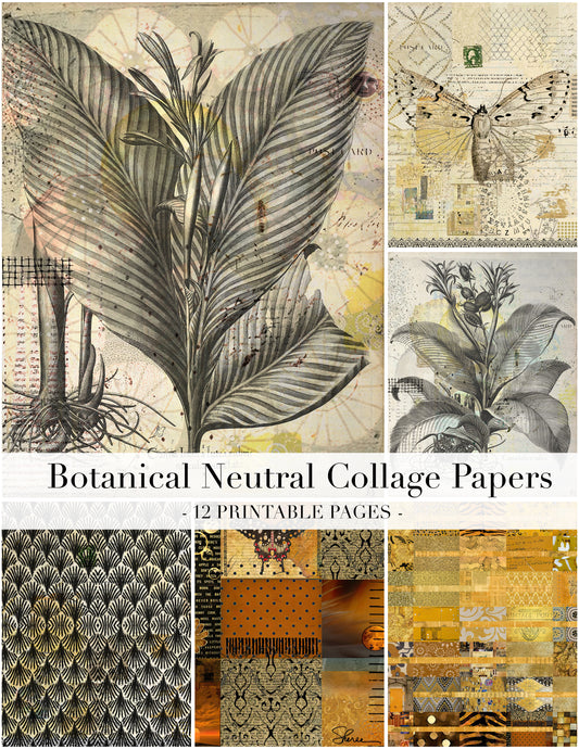 Vintage and abstract collage papers arranged in a grid on a white background with a title banner