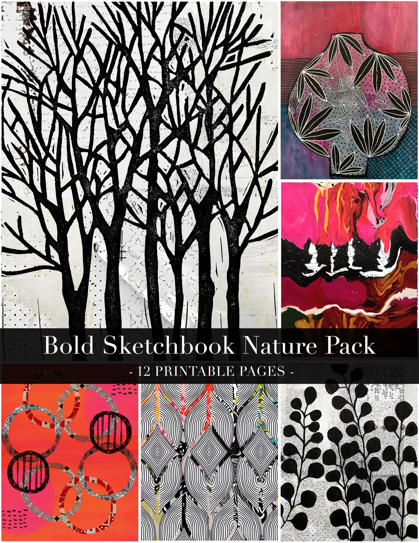 Bold Nature Sketchbook Trees Collage Papers - 12 Page Printable Download 002