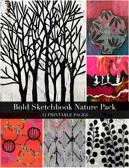 Bold Nature Sketchbook Trees Collage Papers - 12 Page Printable Download