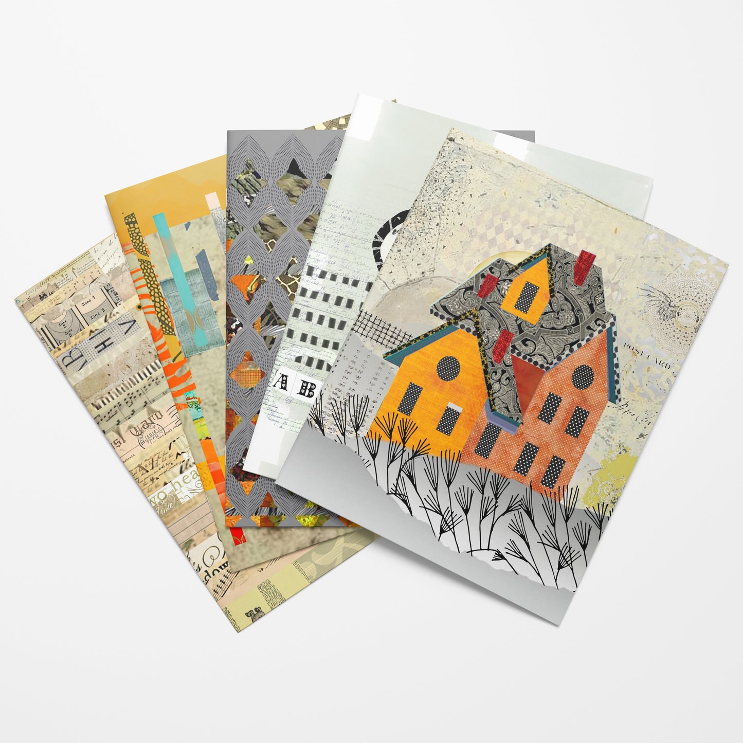 Array of colorful pages with house and textures