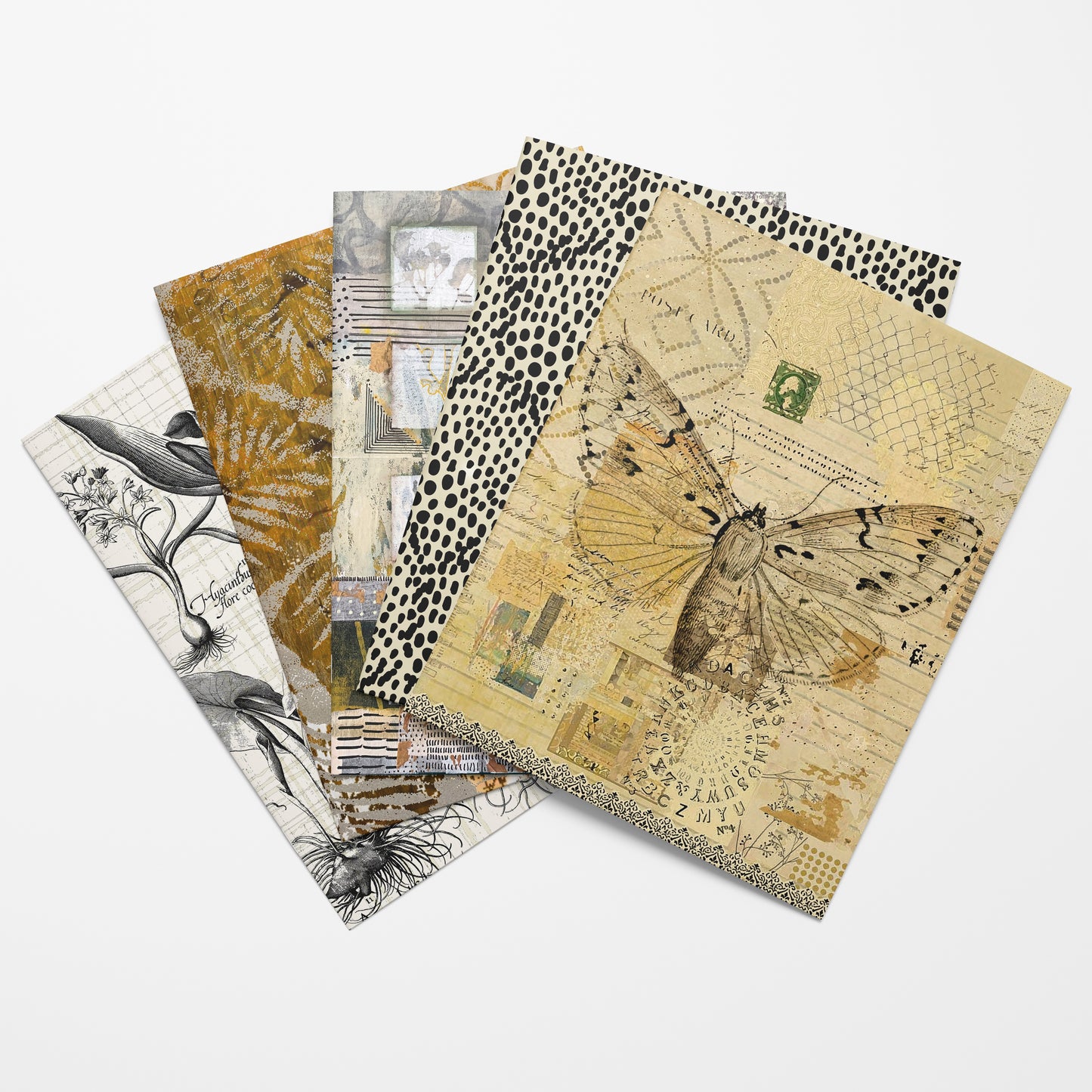 Set of five patterned notebooks with various designs on a white background