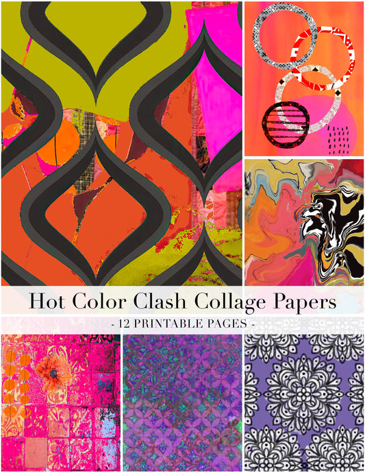 Collage of colorful abstract patterns with text 'Hot Color Clash Collage Papers' on a white background.