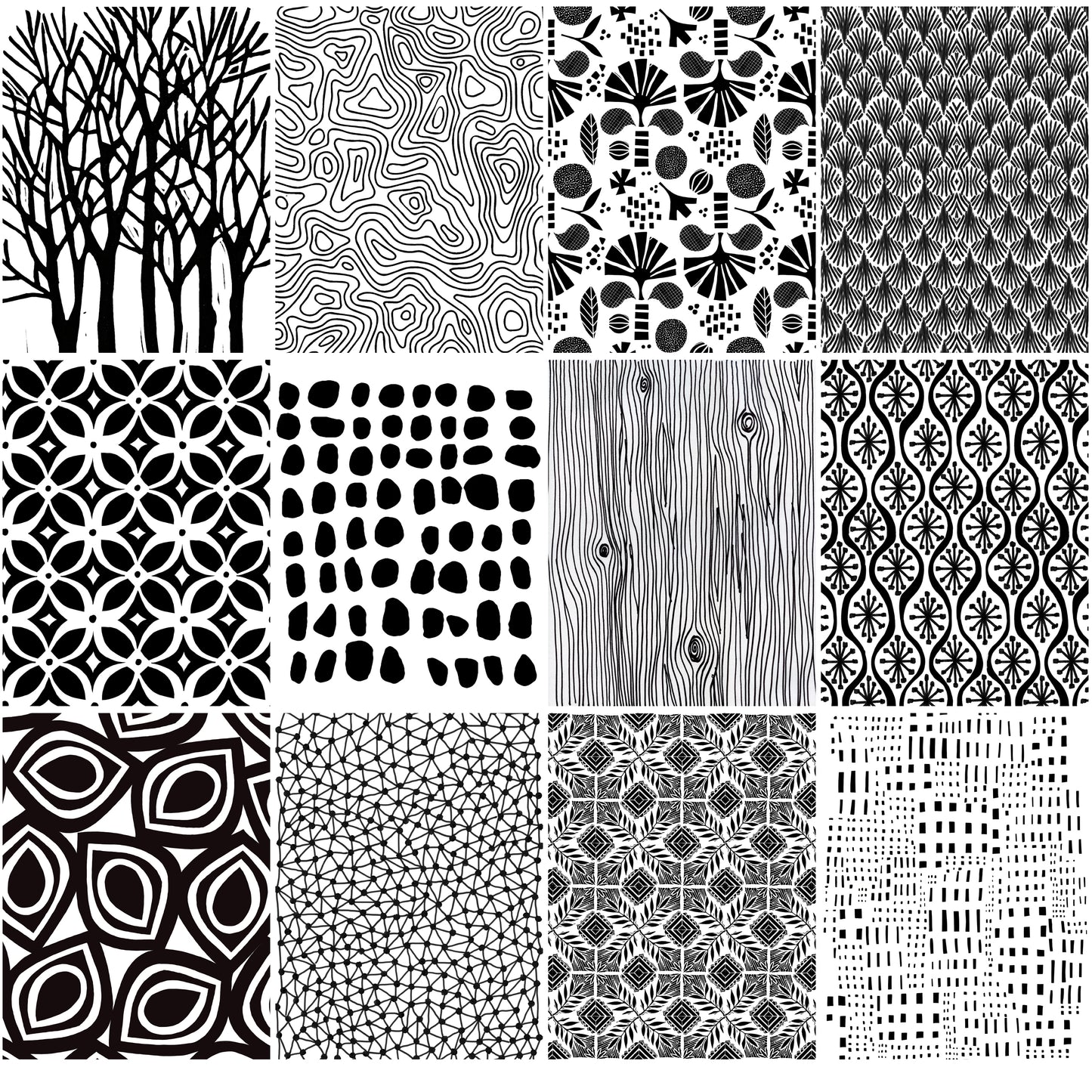 black and white geometric and organic patterns in a grid