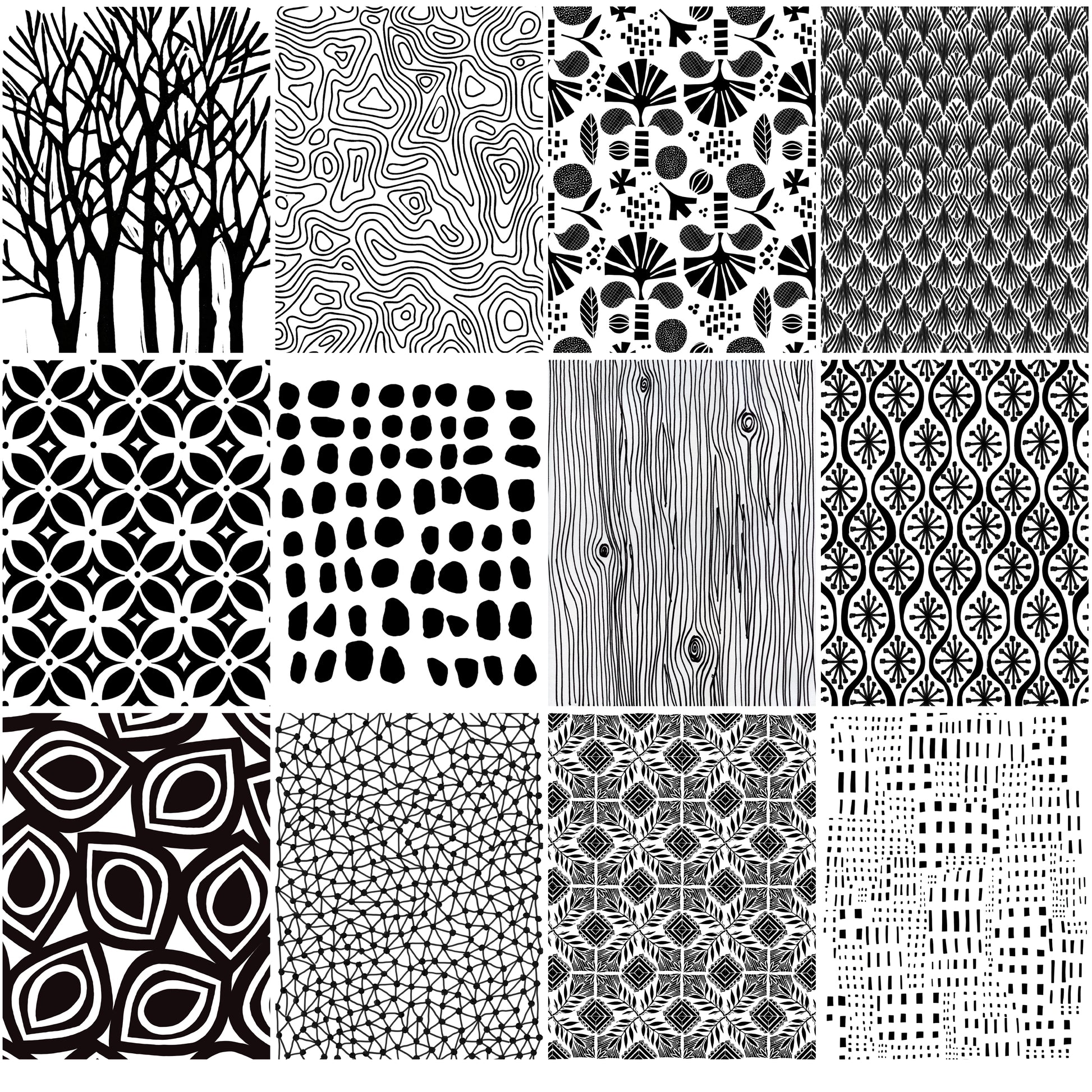 black and white geometric and organic patterns in a grid