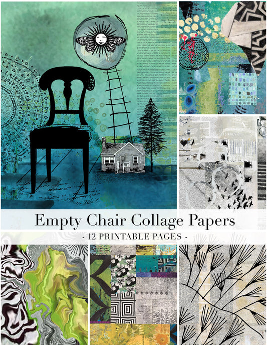 Collage of artistic papers with various designs and a chair illustration.