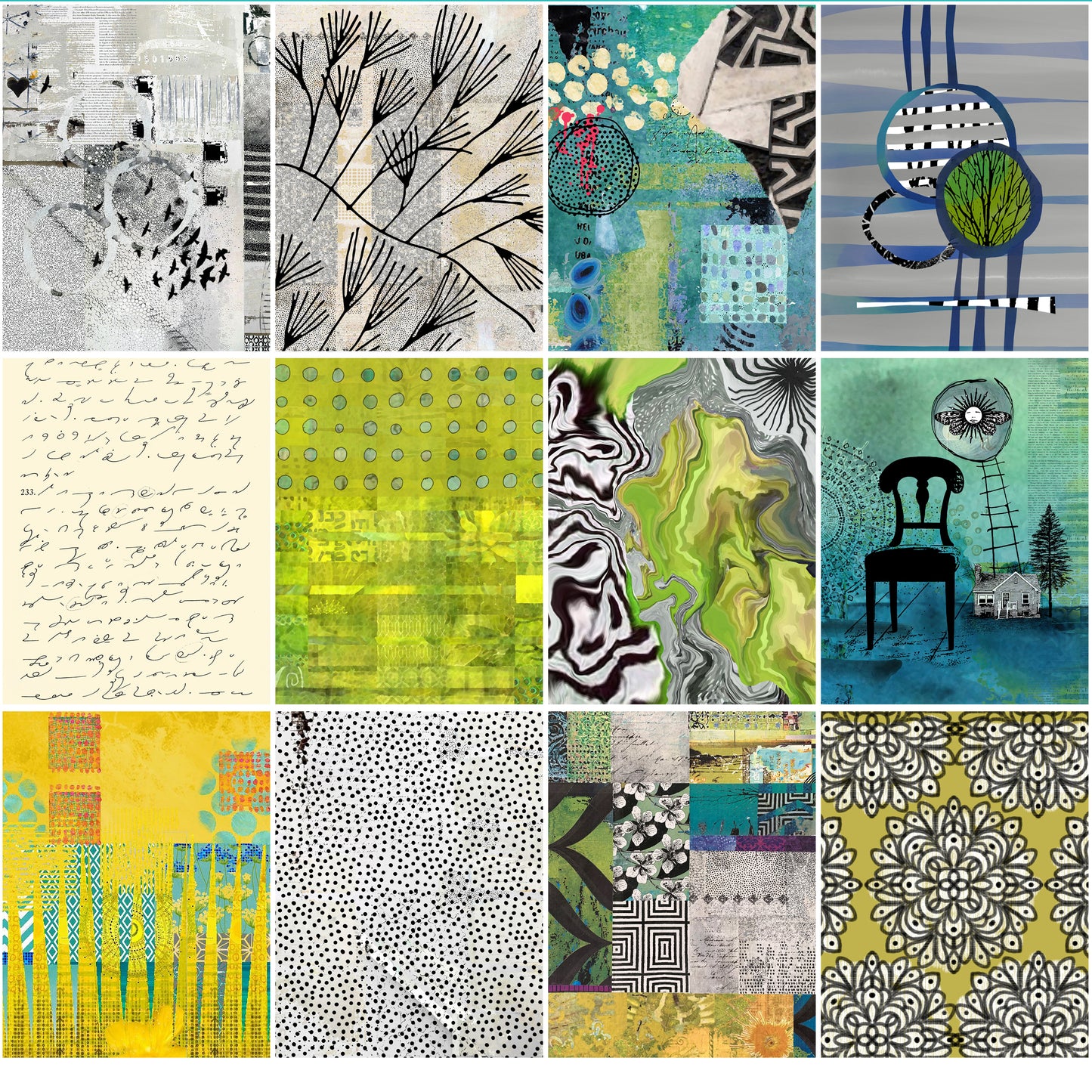 grid of colored papers teal green yellow on a white background