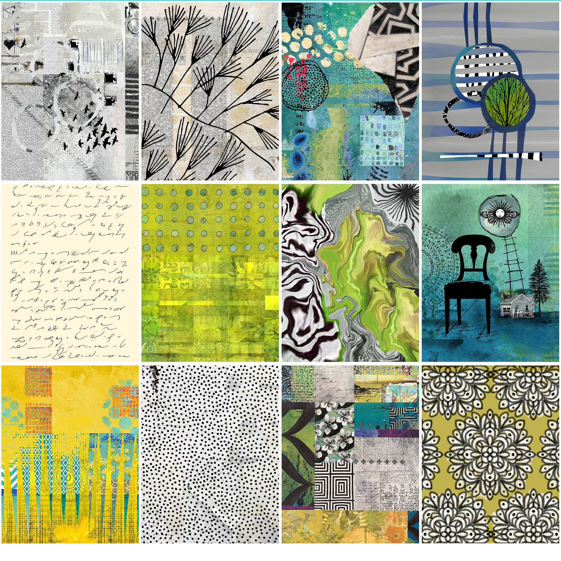 grid of colored papers teal green yellow on a white background