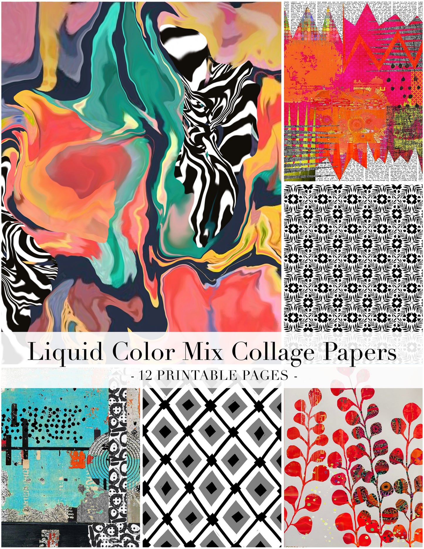 grid of colorful papers on a white background with title band