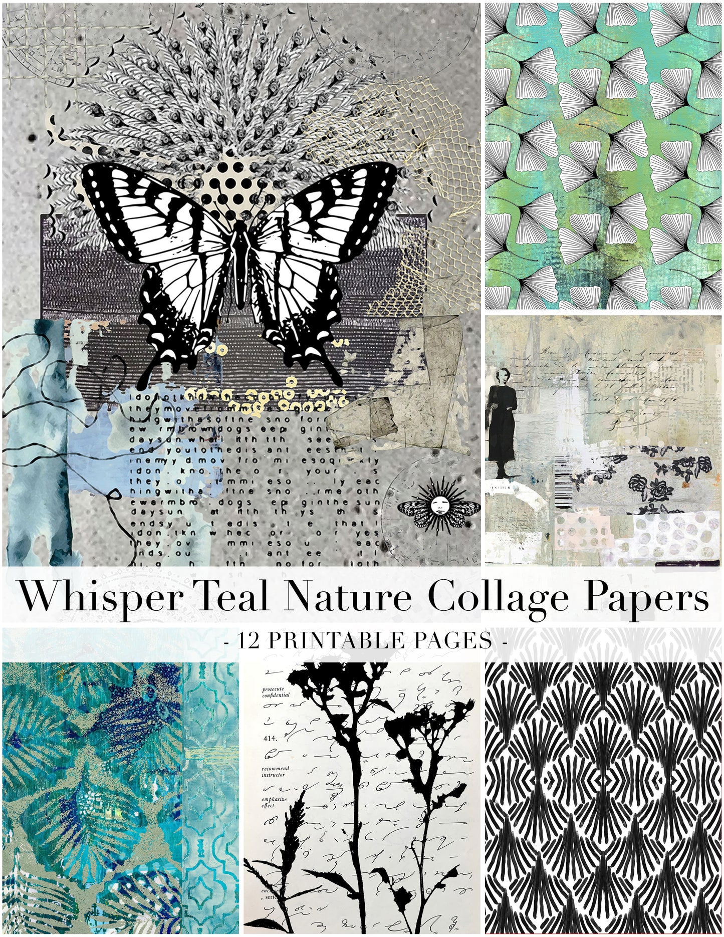 Teal Whisper Nature Butterfly Collage Papers - 12 Page Printable Download