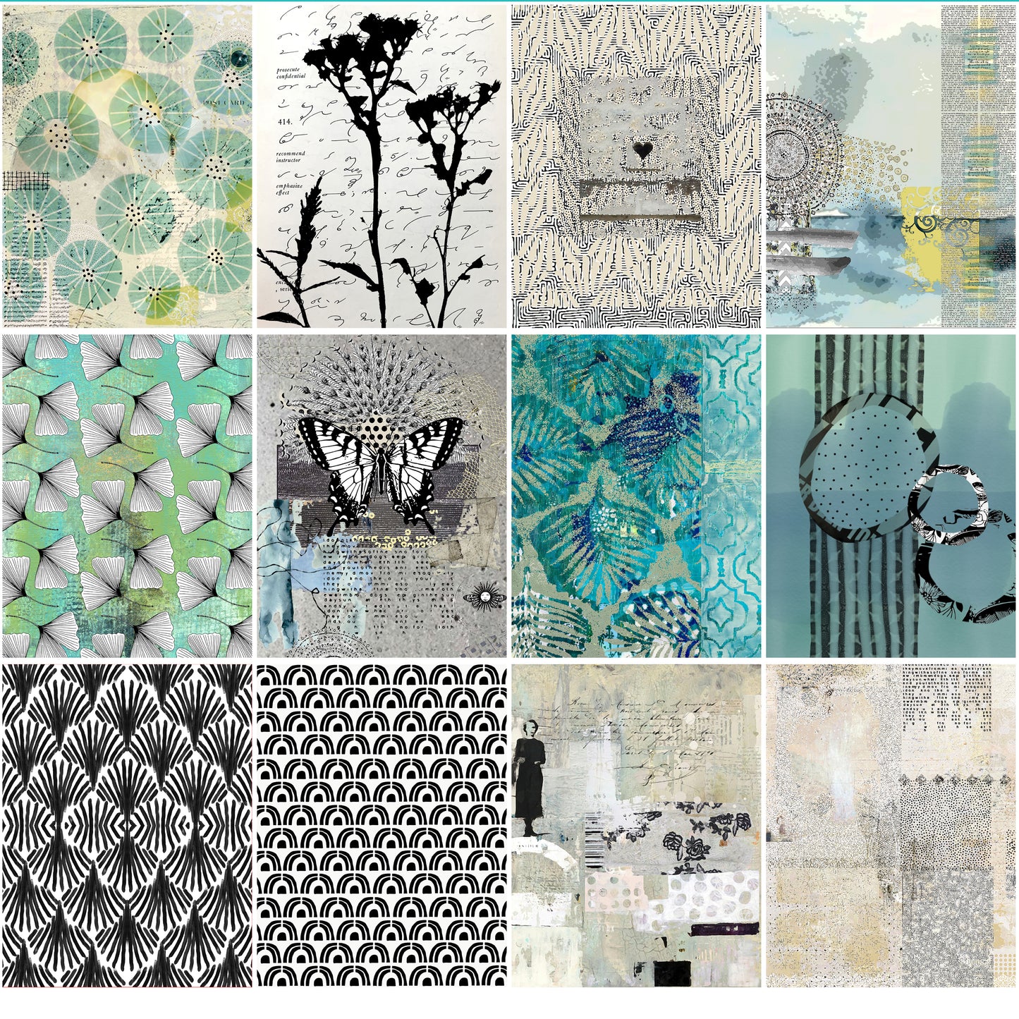 Teal Whisper Nature Butterfly Collage Papers - 12 Page Printable Download