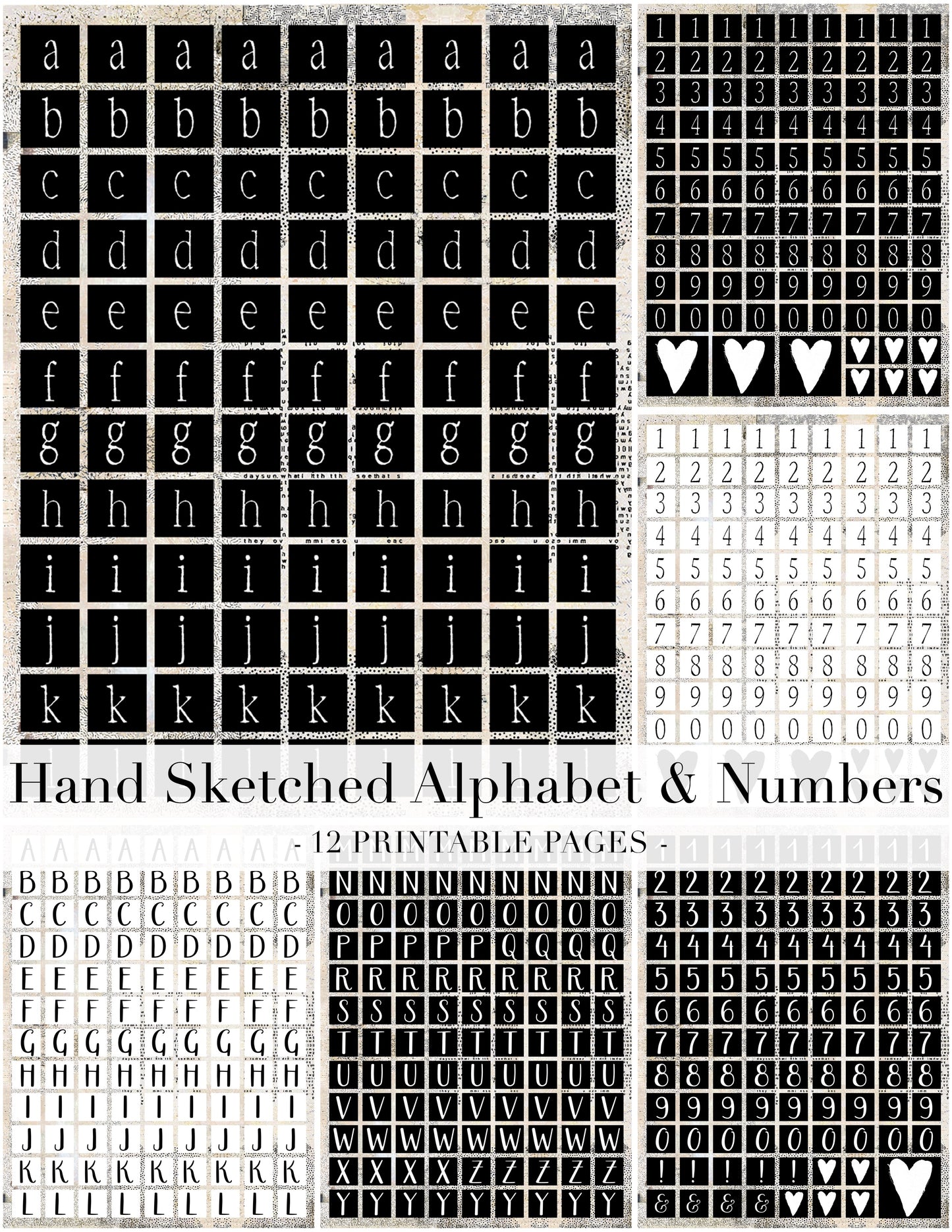 Black & White Hand-Sketched Alphabet Collage Papers - 12 Page Printable Download