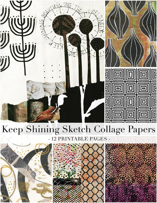 Collage of various abstract patterns and designs with text 'Keep Shining Sketch Collage Papers'.
