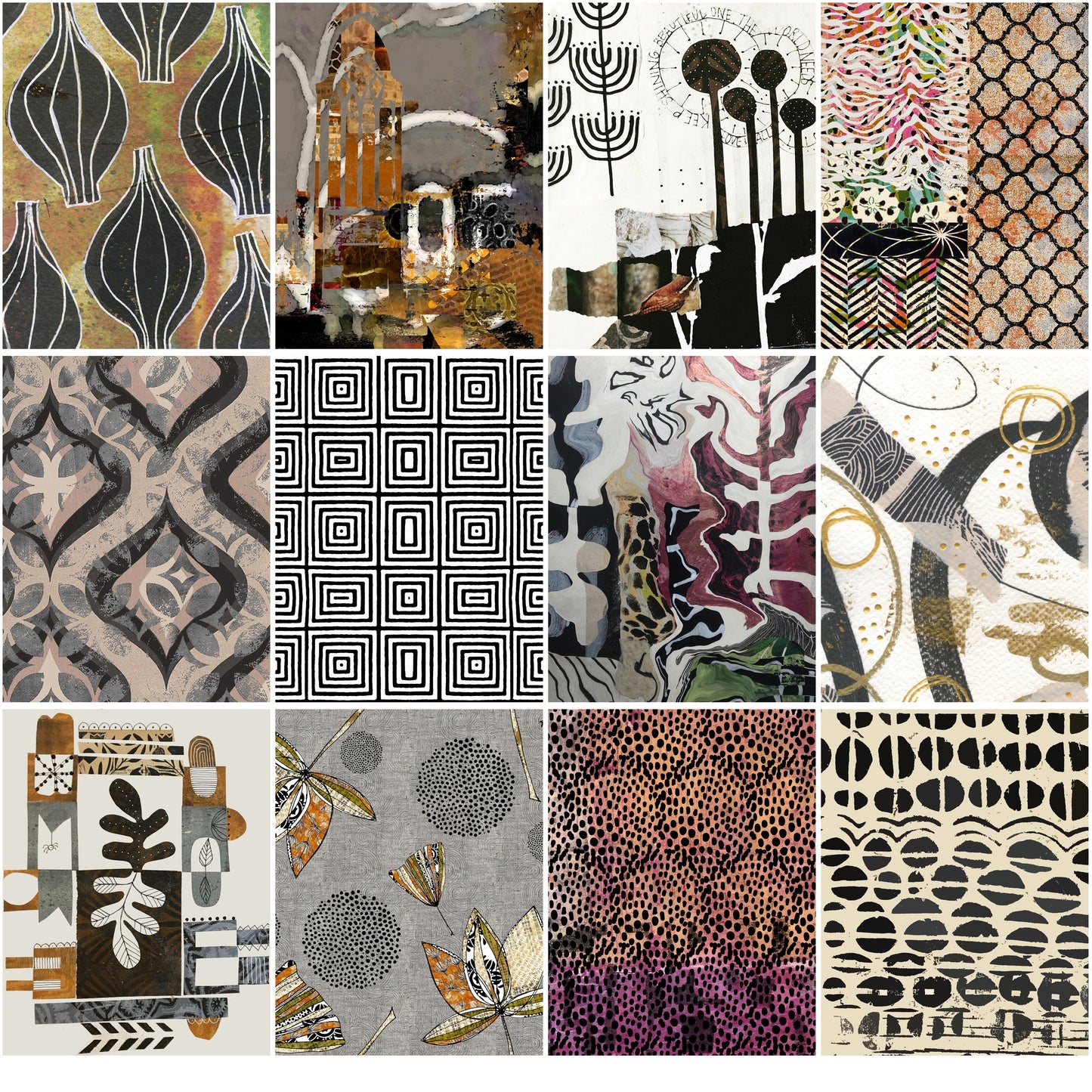 Collage of various patterned images with different designs and colors.
