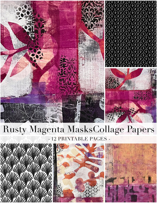 Collage of Rusty Magenta MasksCollage Papers with various patterns and designs.