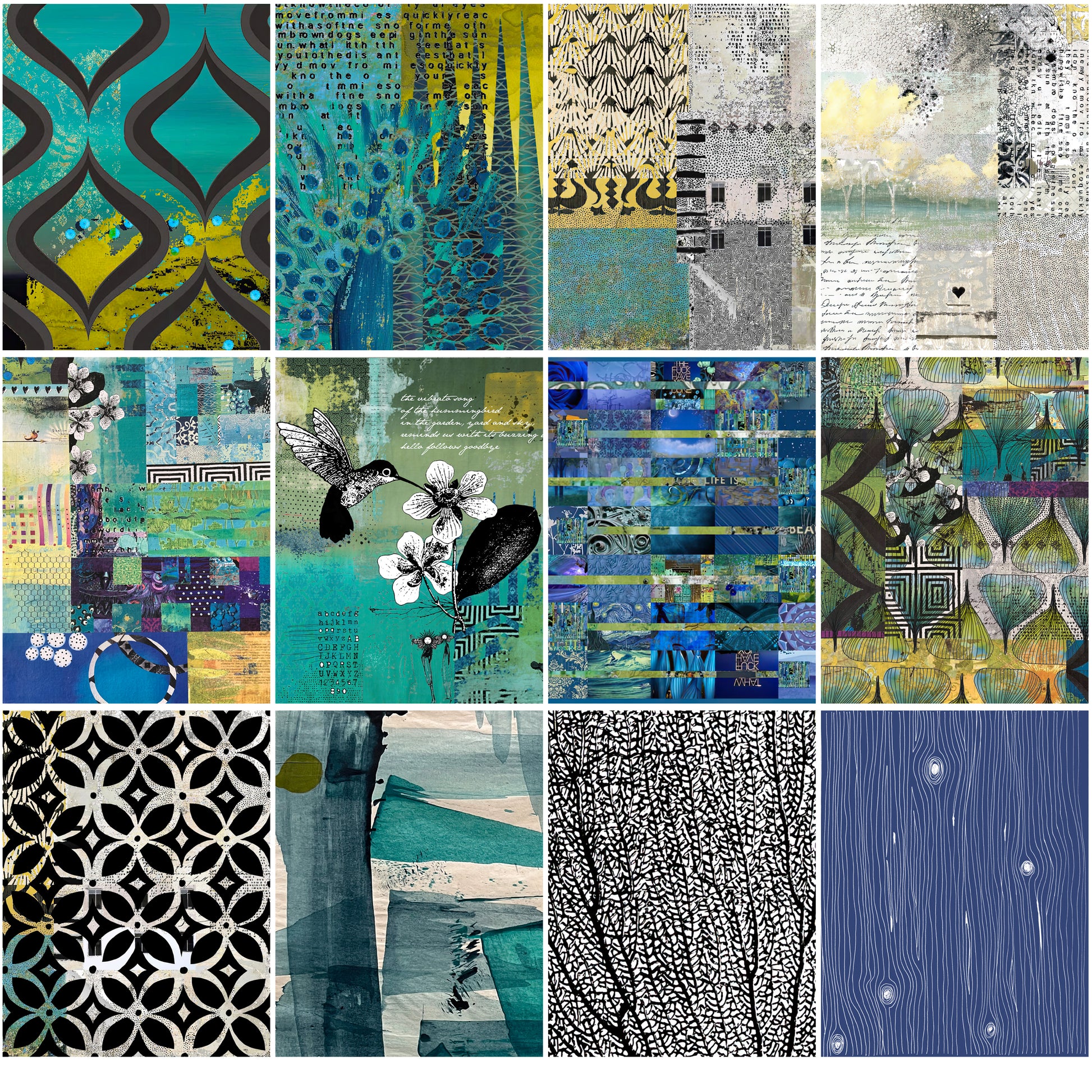 4 over 4 grid of colorful papers on a white background