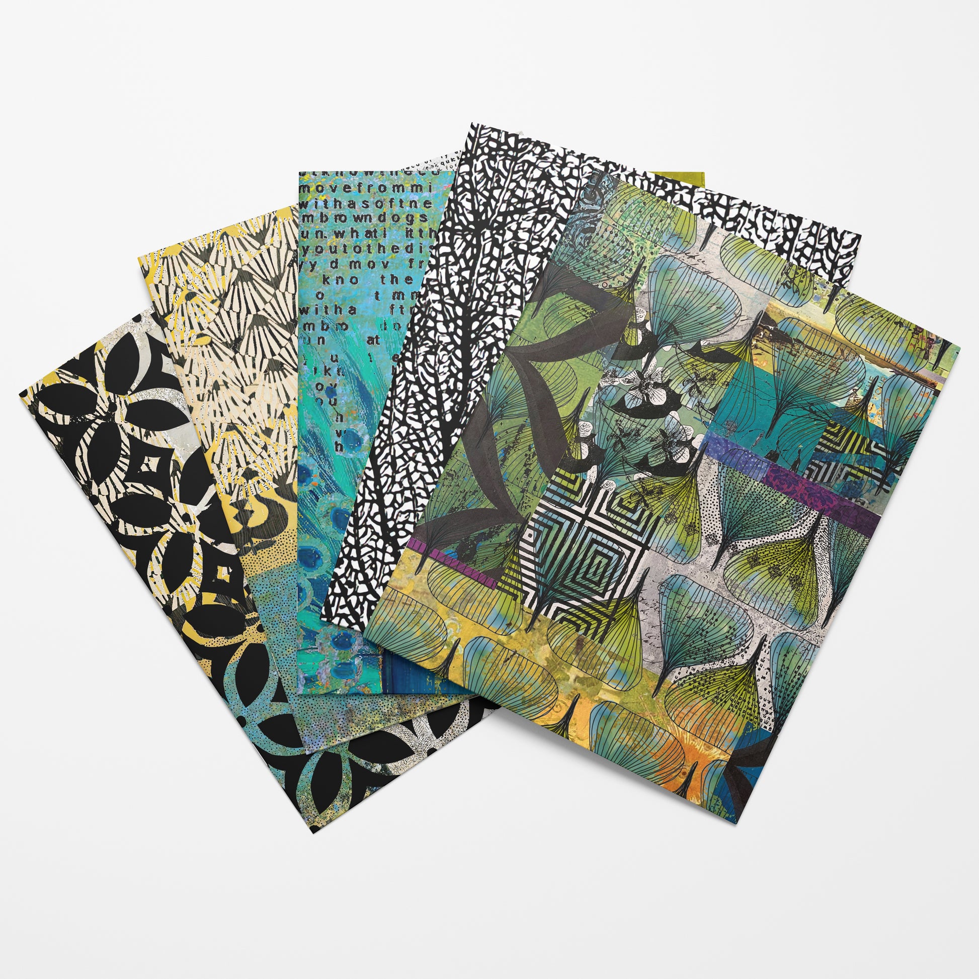 Set of five patterned collage papers on a white background