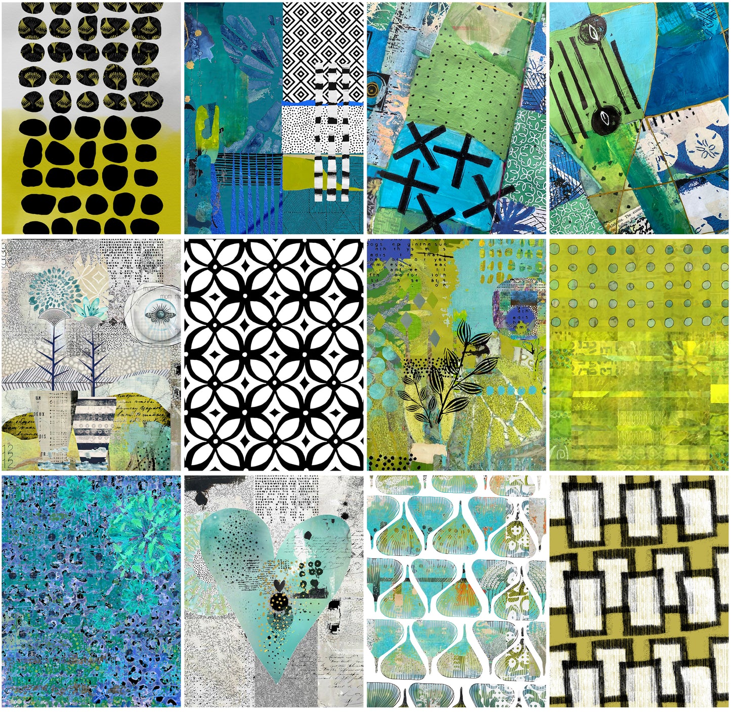 A 12x3 grid collage of abstract and patterned collage paper designs in teal, green, yellow, black, white, and gray, featuring geometric shapes, floral motifs, stripes, and textured prints.