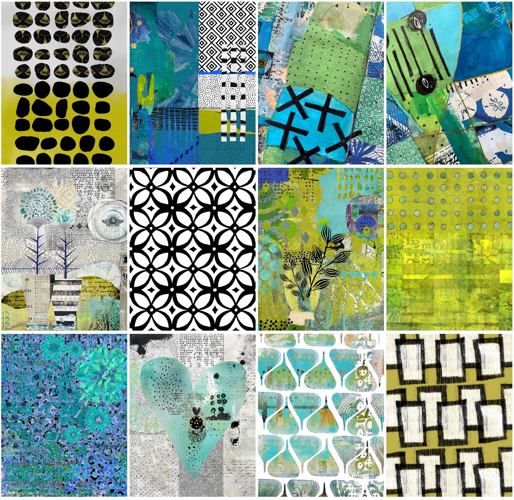 A 12x3 grid collage of abstract and patterned collage paper designs in teal, green, yellow, black, white, and gray, featuring geometric shapes, floral motifs, stripes, and textured prints.