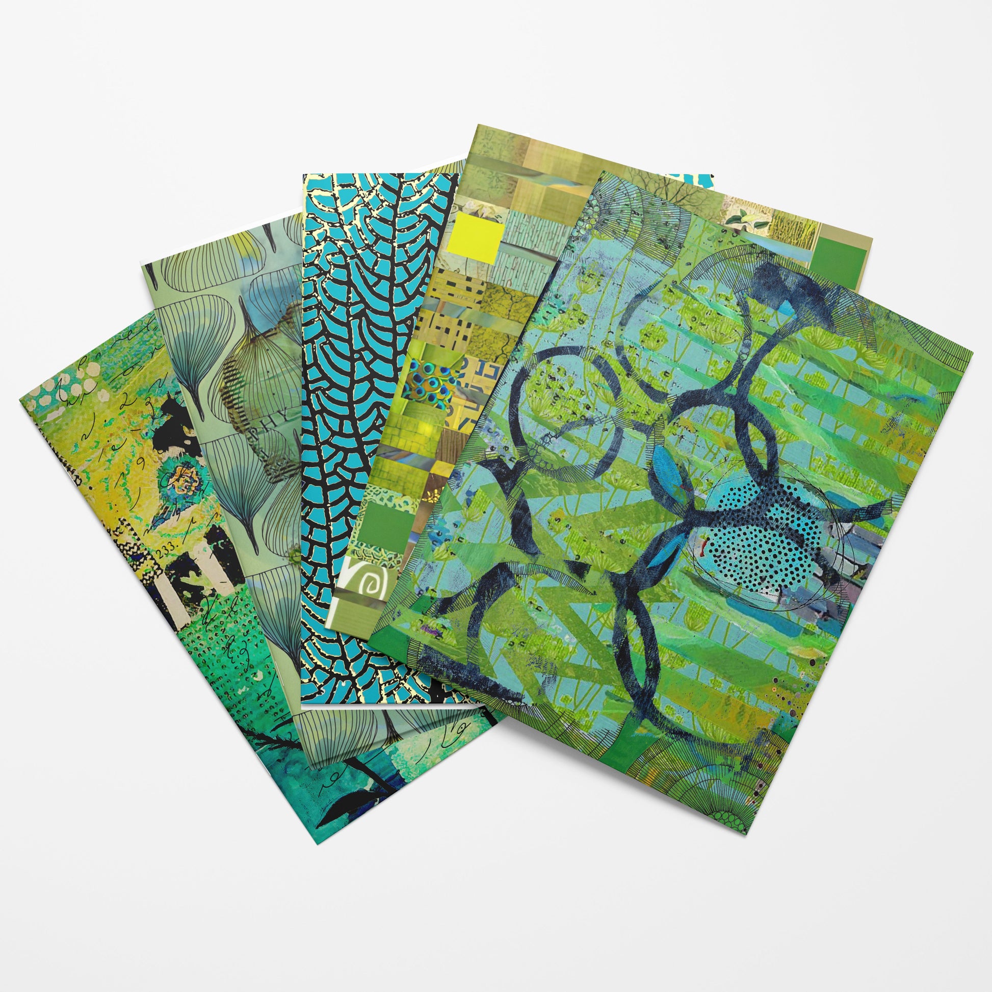 Four overlapping art collage papers with abstract and patterned designs in green, blue, yellow, and black, arranged on a light gray background.