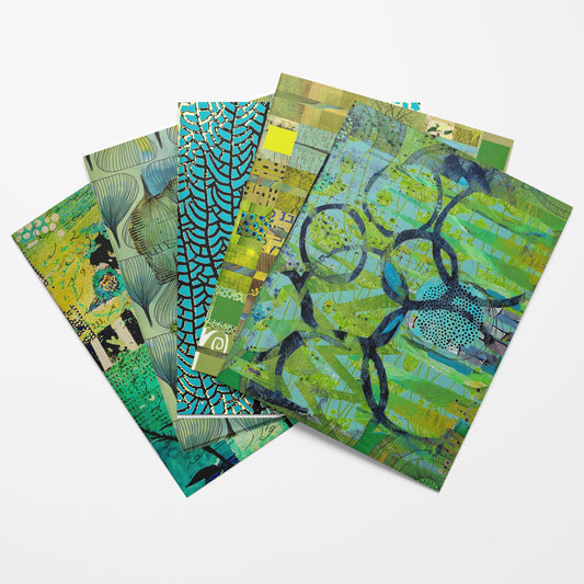 Four overlapping art collage papers with abstract and patterned designs in green, blue, yellow, and black, arranged on a light gray background.