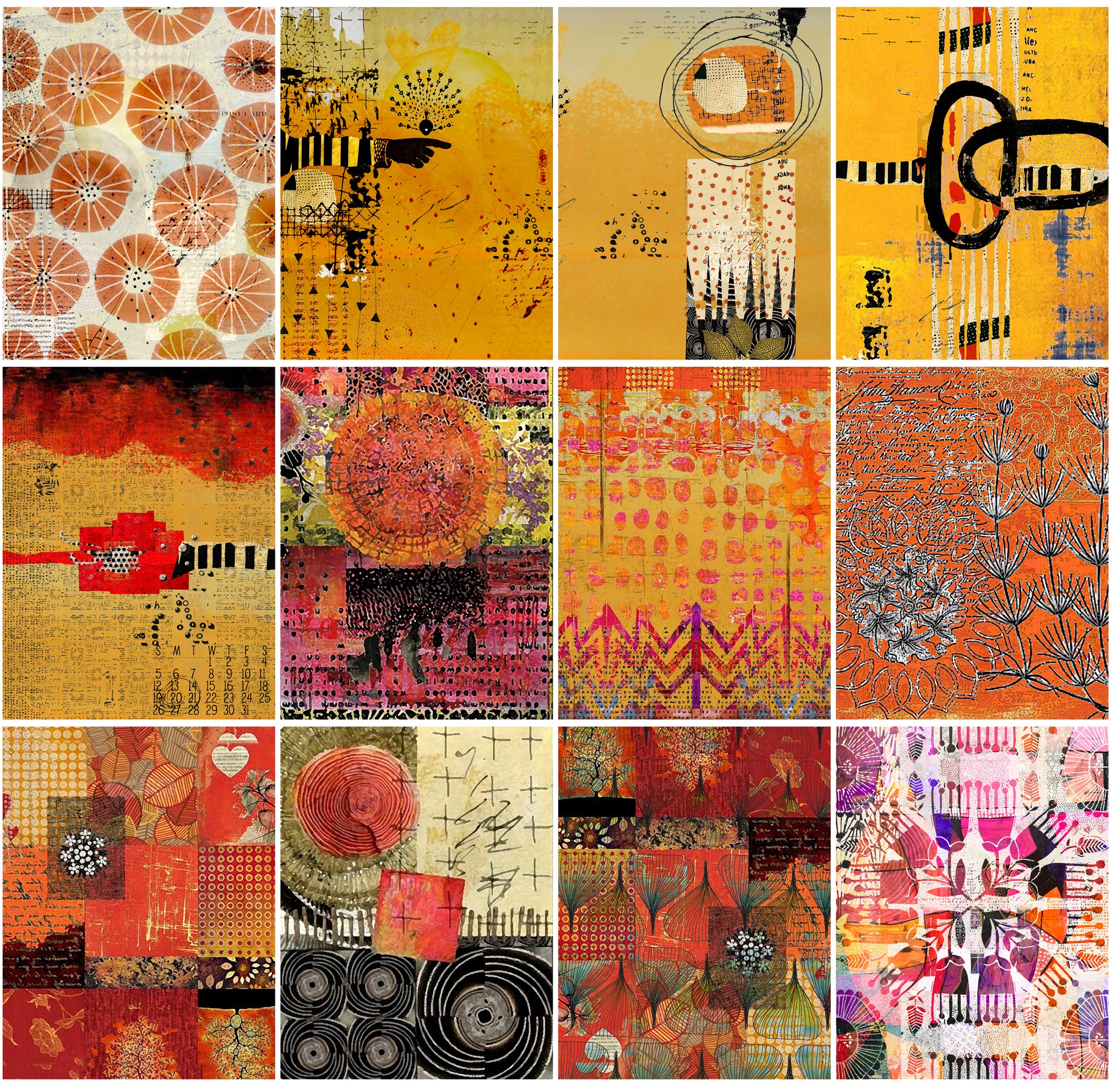 A 12-panel collage of abstract mixed-media art prints featuring vibrant reds, oranges, yellows, blacks, and pinks with geometric, circular, and textured patterns.