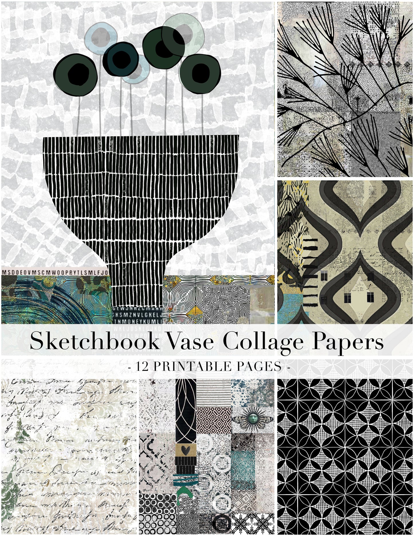 Collage of Sketchbook Vase Collage Papers with various patterns and a vase illustration.