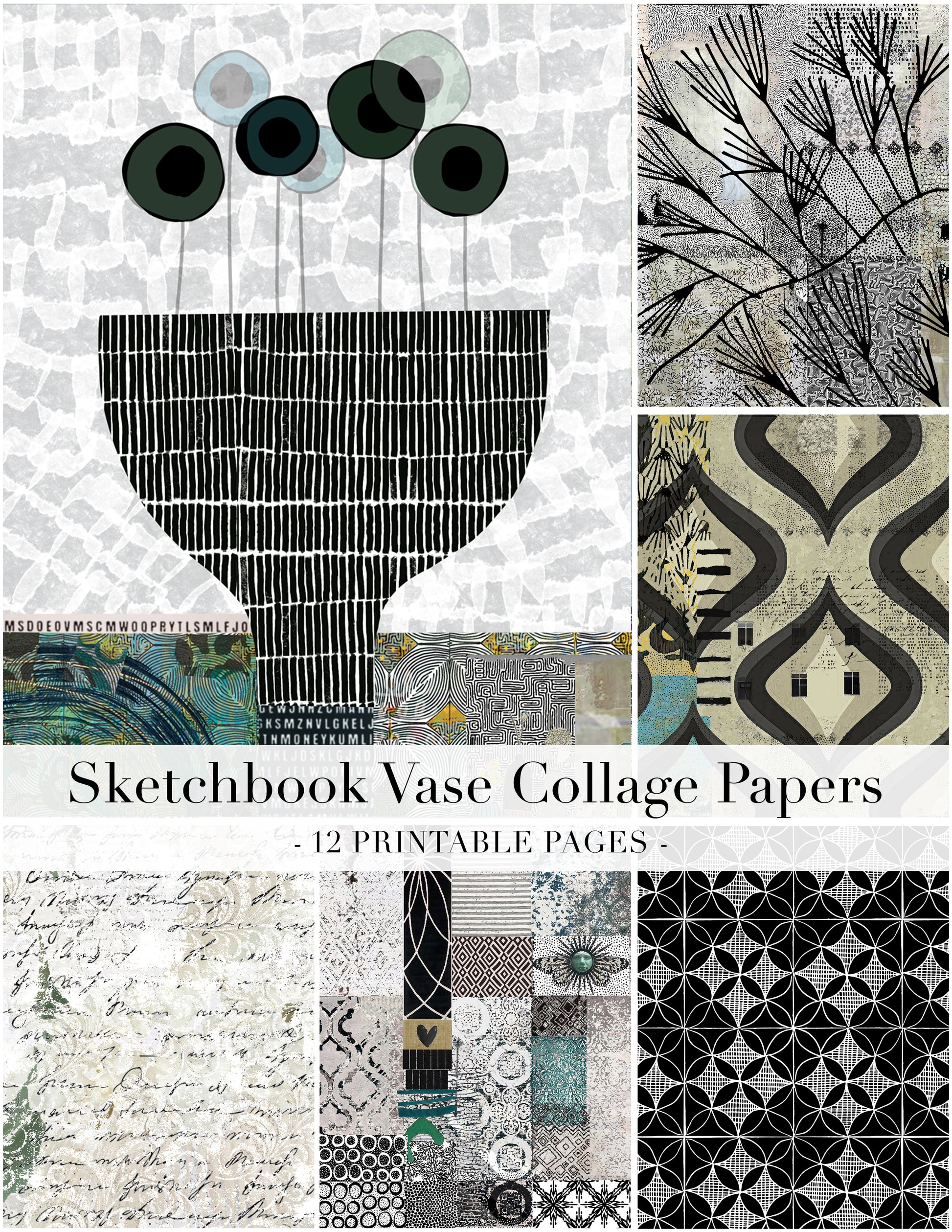 Collage of Sketchbook Vase Collage Papers with various patterns and a vase illustration.