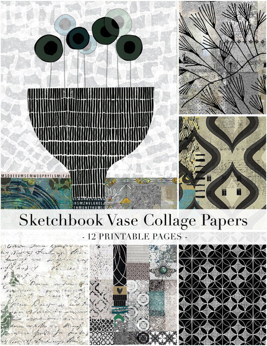 Collage of Sketchbook Vase Collage Papers with various patterns and a vase illustration.