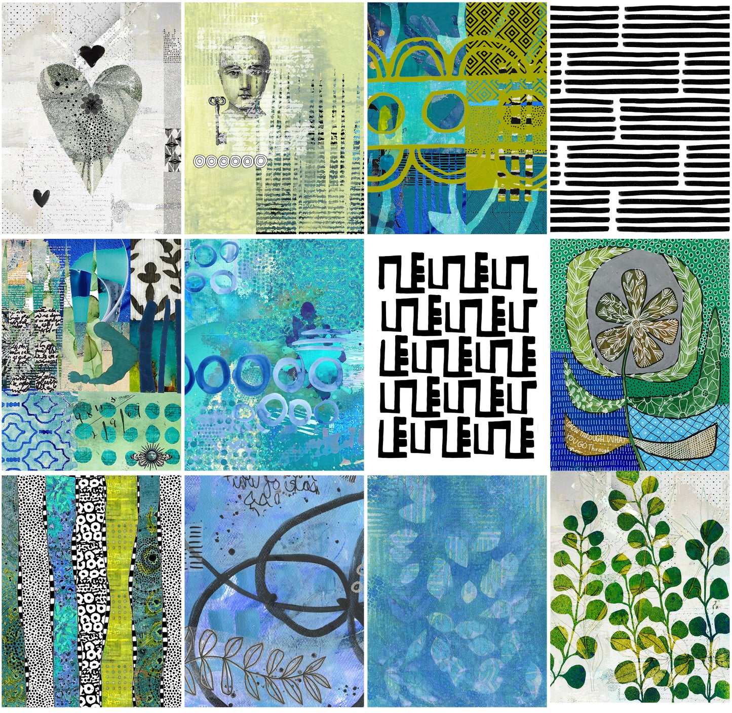 A 3x4 grid collage of twelve distinct abstract and botanical art prints, featuring a mix of textures, patterns, and colors including blues, greens, yellows, and black-and-white designs.