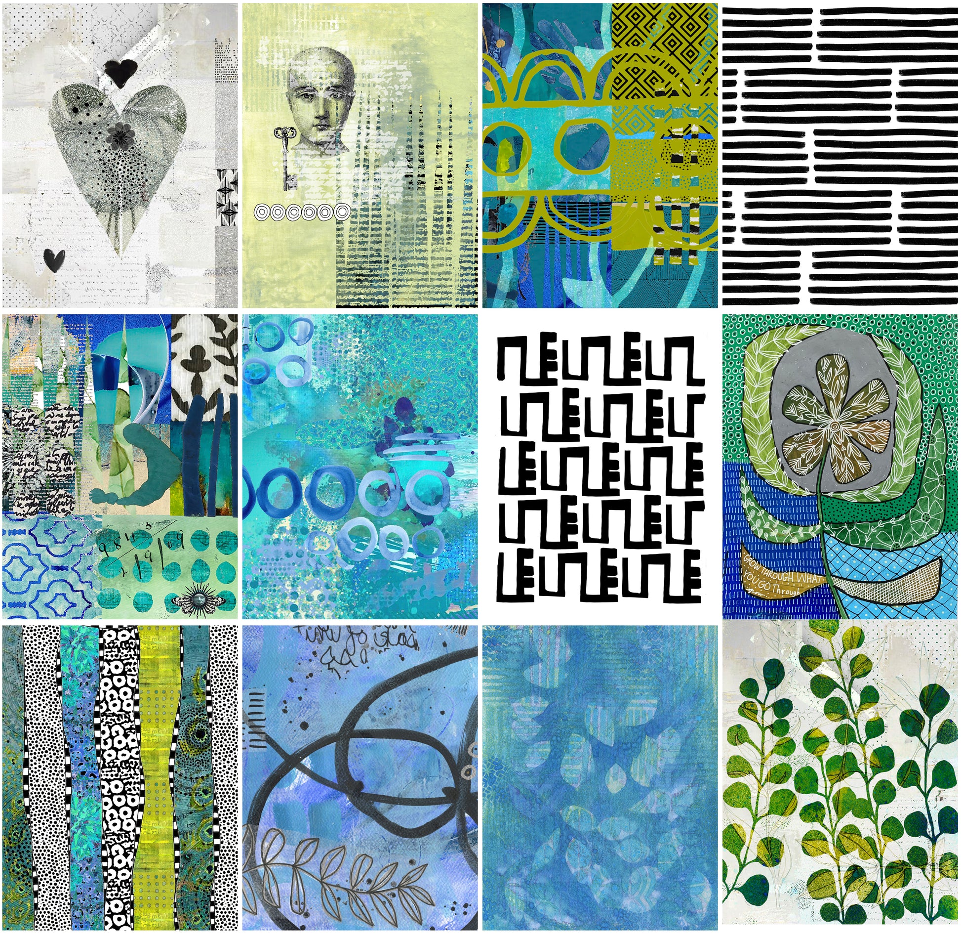 A 3x4 grid collage of twelve distinct abstract and botanical art prints, featuring a mix of textures, patterns, and colors including blues, greens, yellows, and black-and-white designs.