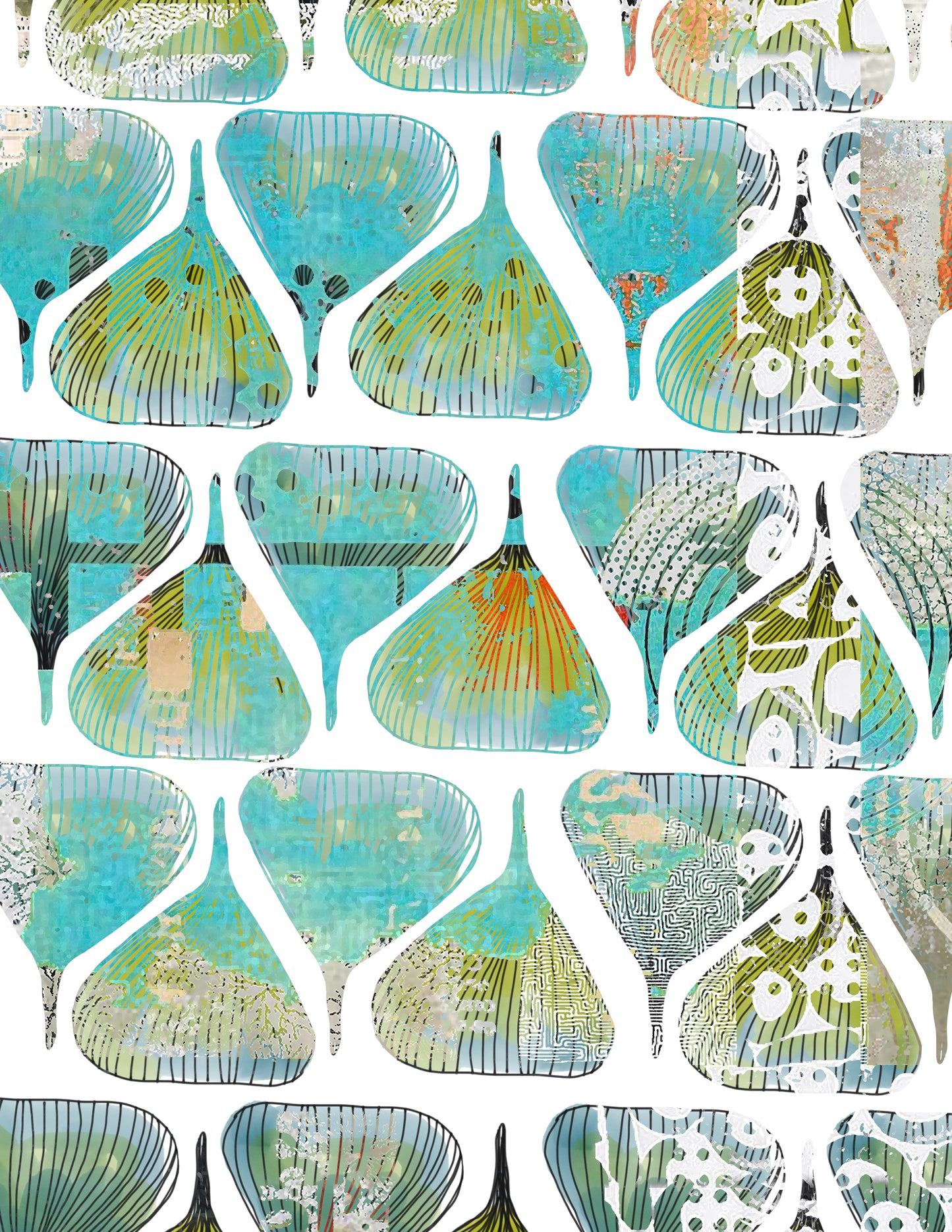 A repeating abstract pattern of teardrop-shaped motifs in turquoise, aqua, green, beige, and orange on a white background.