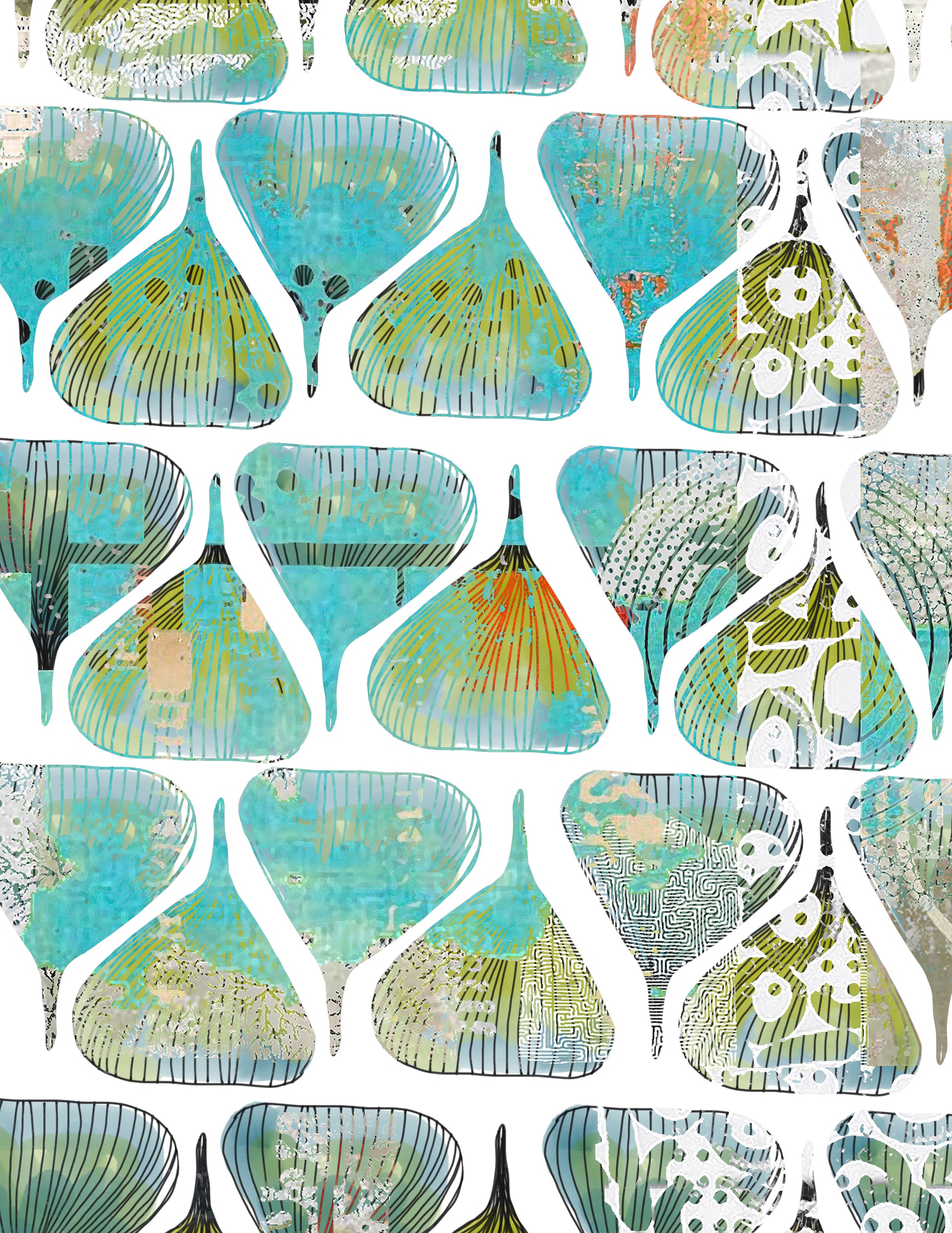 A repeating abstract pattern of teardrop-shaped motifs in turquoise, aqua, green, beige, and orange on a white background.