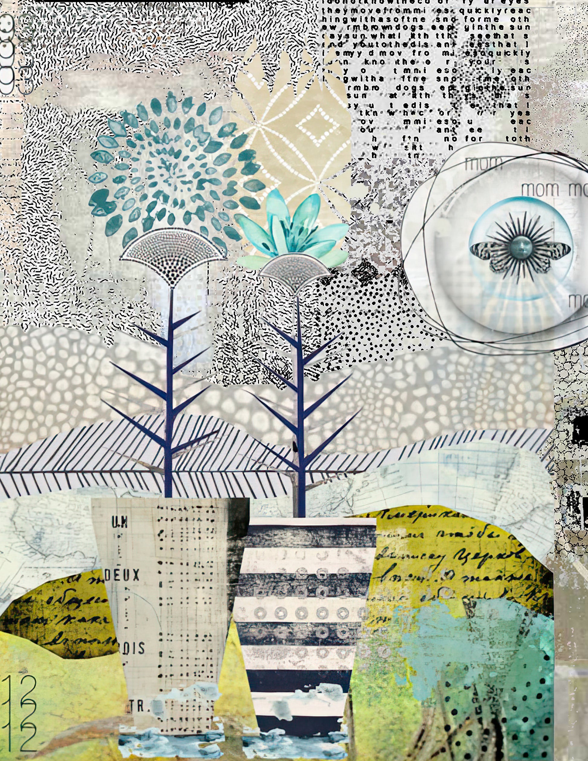 A mixed-media collage art print featuring stylized botanical elements, including two blue-green flower-like forms and a central striped vase, layered over vintage-style text fragments, dotted patterns, and abstract shapes in muted teal, cream, navy, yellow, and gray.