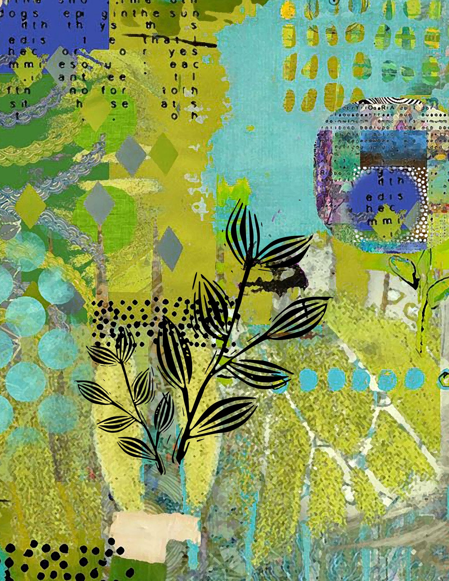 Abstract mixed-media artwork featuring a botanical leaf motif in black over a collage of turquoise, green, yellow, and olive tones, with text fragments and geometric patterns throughout.