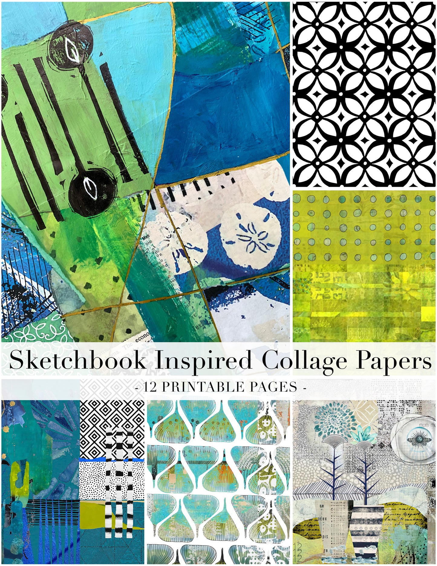 A collage preview of 12 sketchbook-inspired printable papers featuring abstract designs, geometric patterns, and textured layouts in blue, green, black, white, and yellow tones.