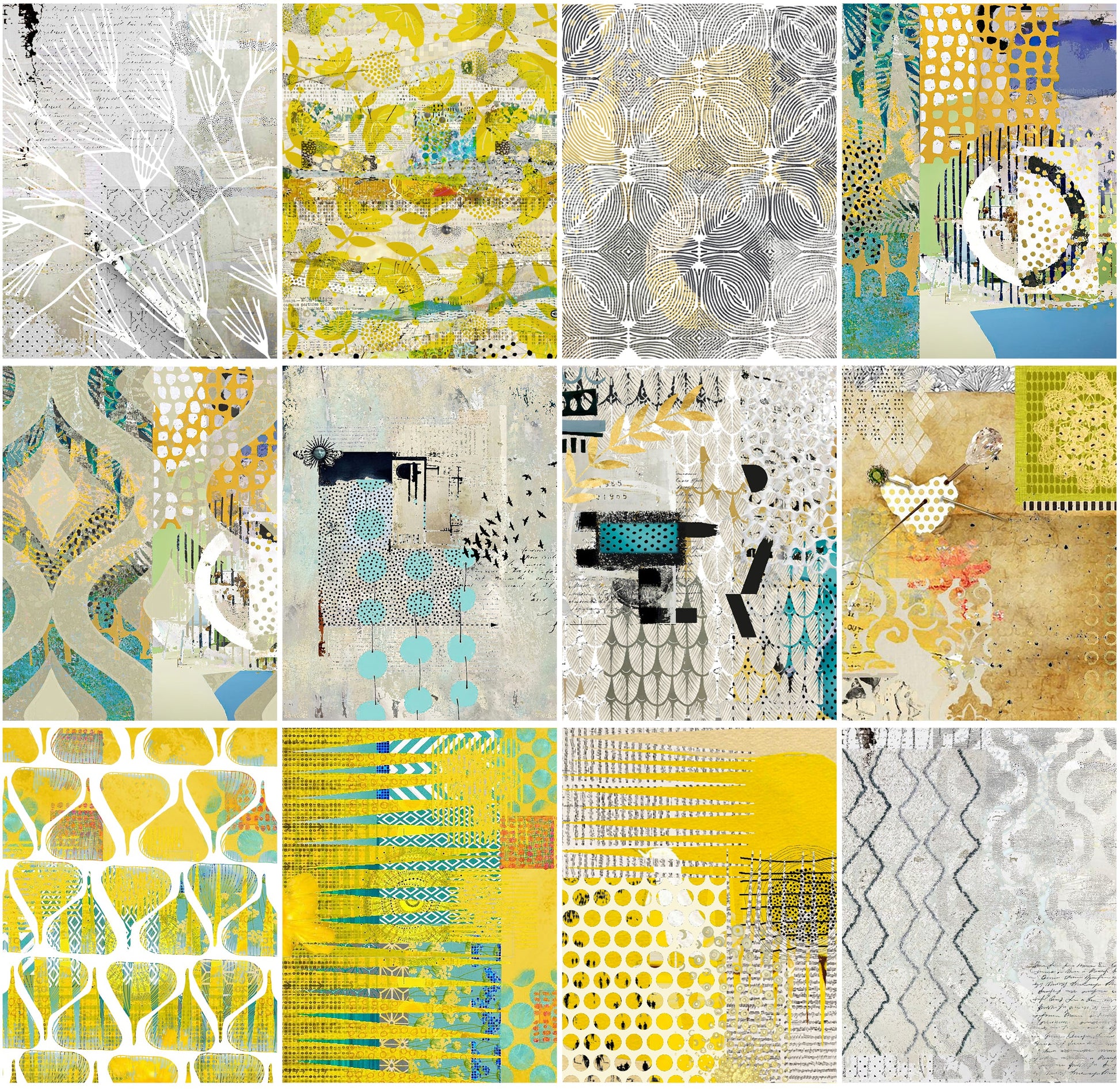 A 3x5 grid of twelve abstract art panels featuring yellow, teal, gray, white, and beige patterns, textures, and geometric designs on a white background.