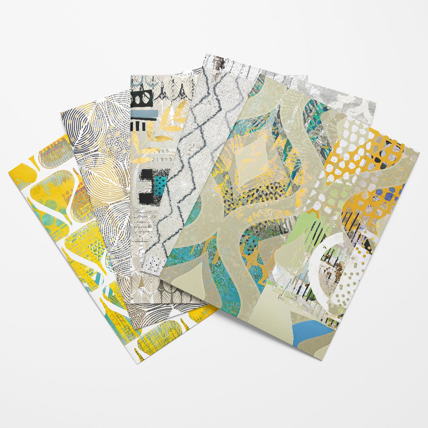 A fan of five patterned art collage papers with abstract designs in yellow, teal, gray, and beige, arranged on a light gray background.