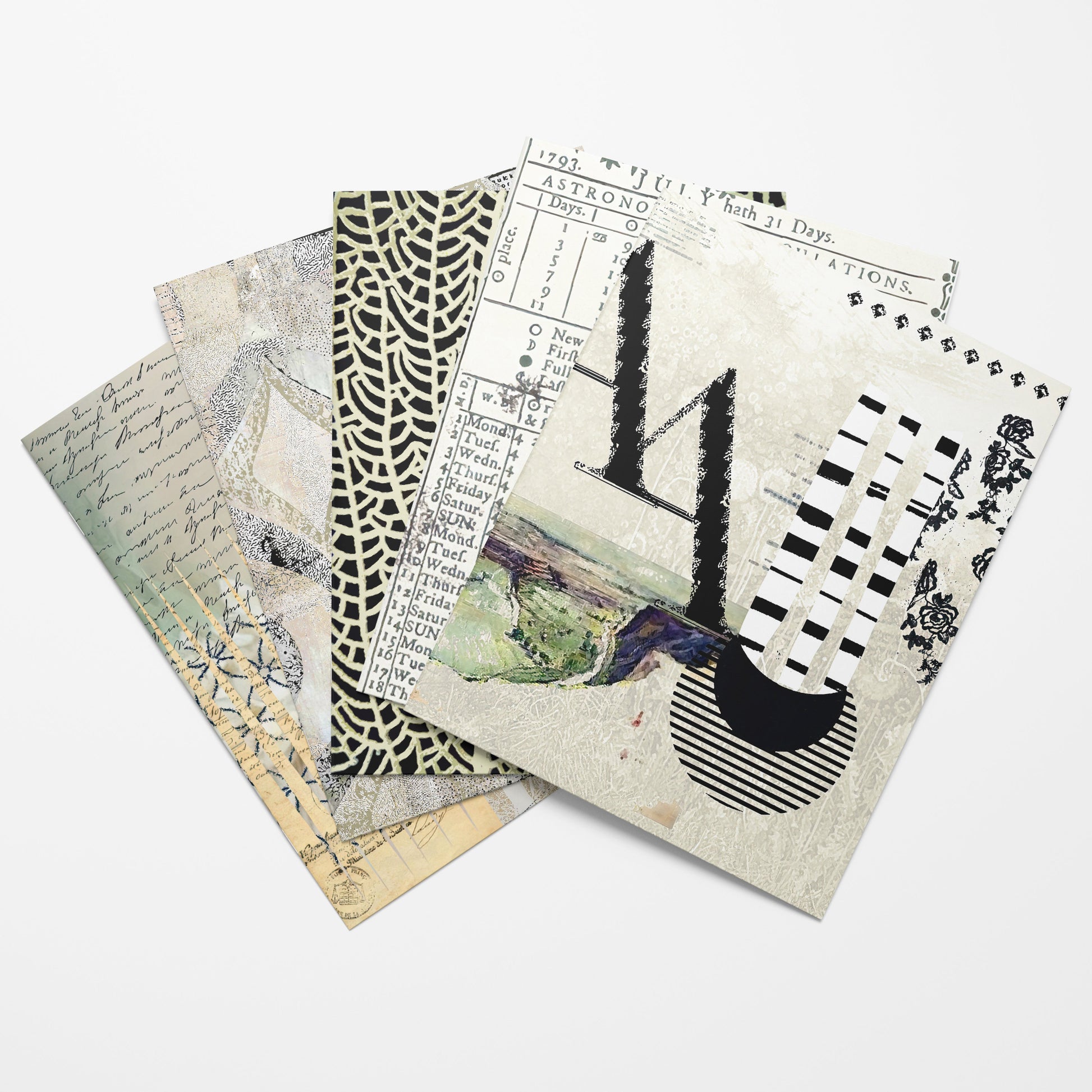 A set of four overlapping art prints or cards with mixed-media collage designs, featuring black and white patterns, handwritten script, and a landscape illustration, displayed on a clean white background.