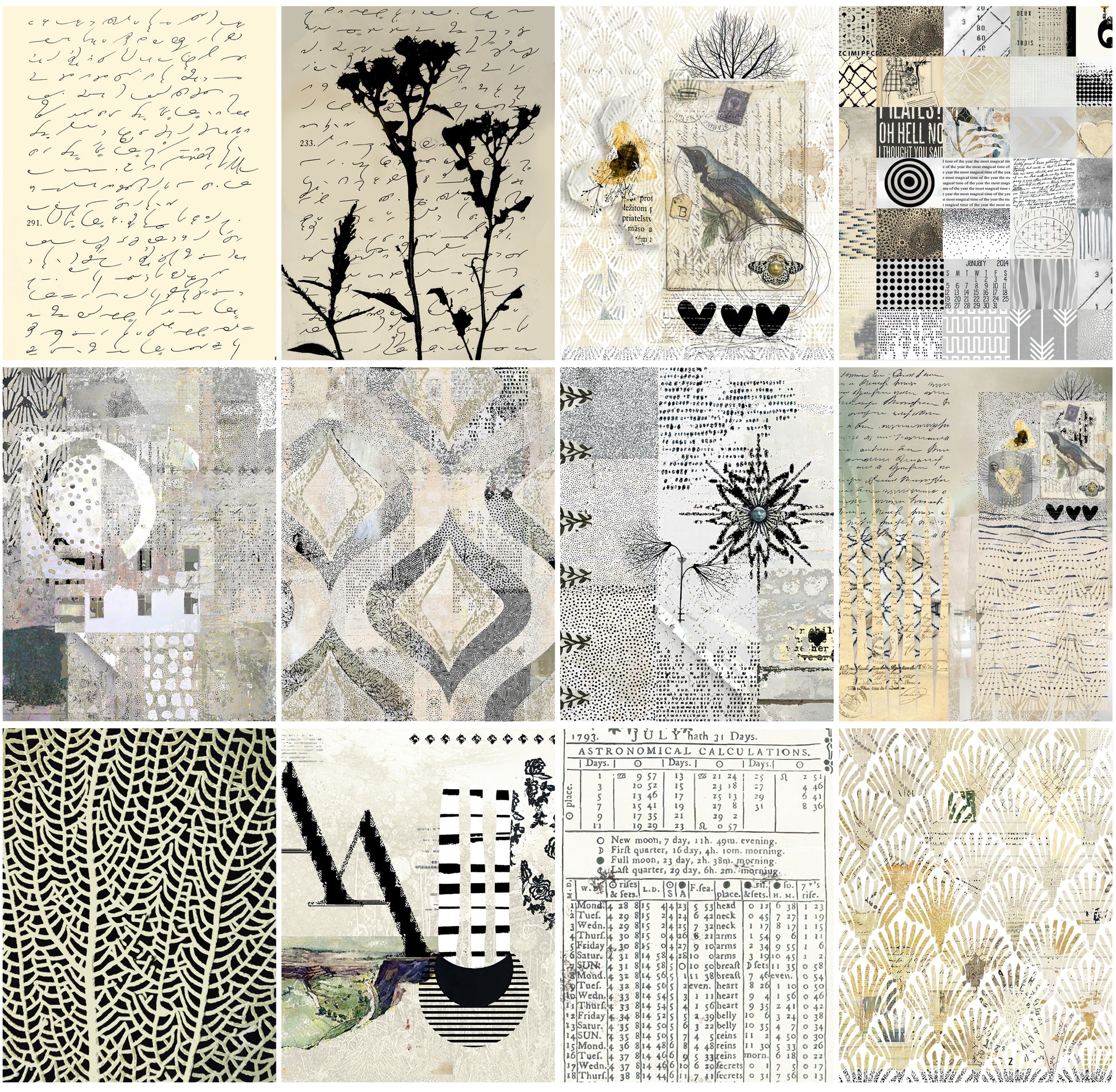 A 12-panel collage of vintage-inspired mixed-media designs in beige, gray, black, and off-white tones, featuring script writing, botanical silhouettes, bird illustrations, geometric patterns, leaf textures, musical notes, and printed ephemera.