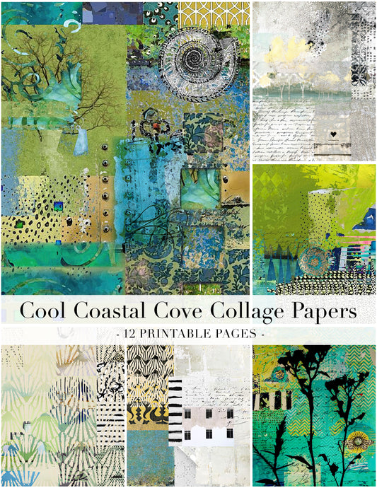 A collage preview of 12 printable art papers titled 'Cool Coastal Cove Collage Papers'. The sheets feature various abstract and coastal-themed collages in shades of green, blue, beige, and black, including textures, patterns, and collage elements.