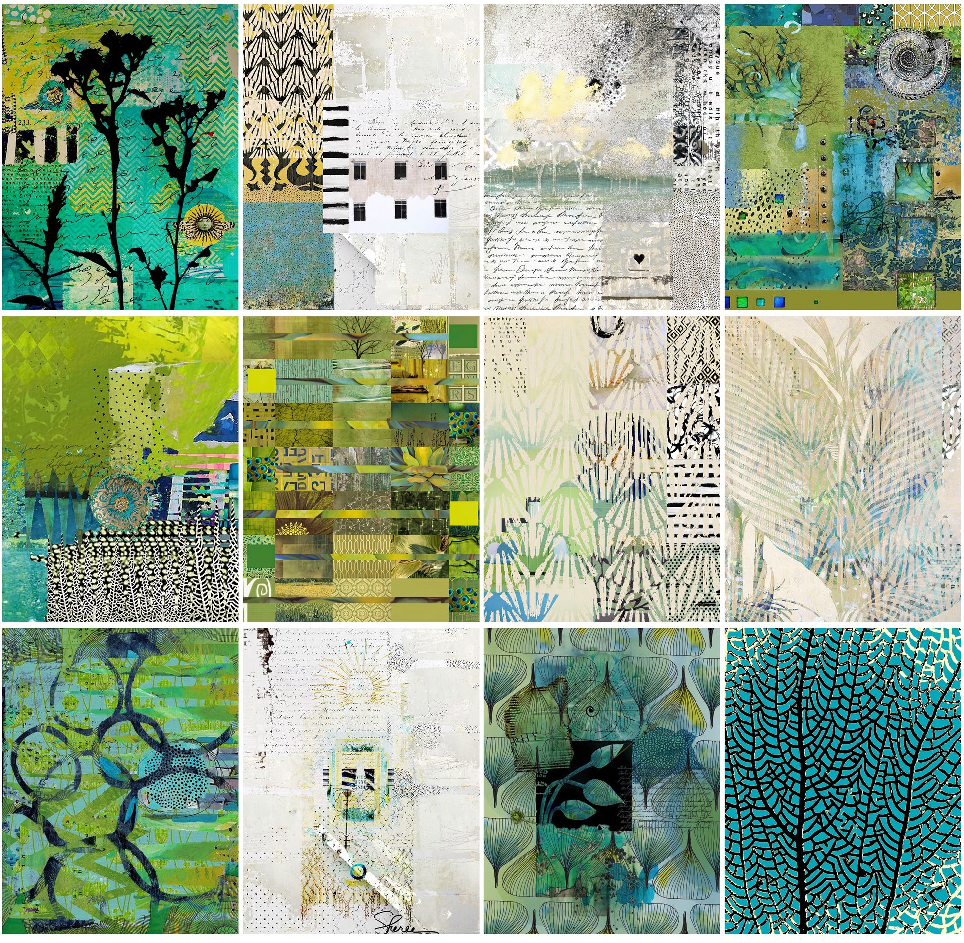 A 4x4 collage of abstract mixed-media art prints featuring various designs in green, teal, yellow, beige, and black.