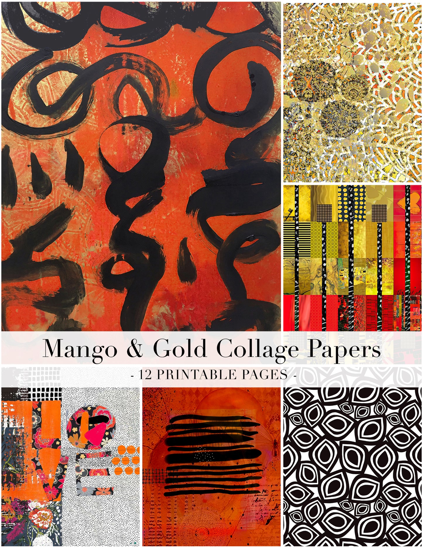 A collage preview for a set of 12 printable mango and gold-themed papers, featuring abstract designs, textured patterns, and geometric prints in orange, gold, black, red, and white.