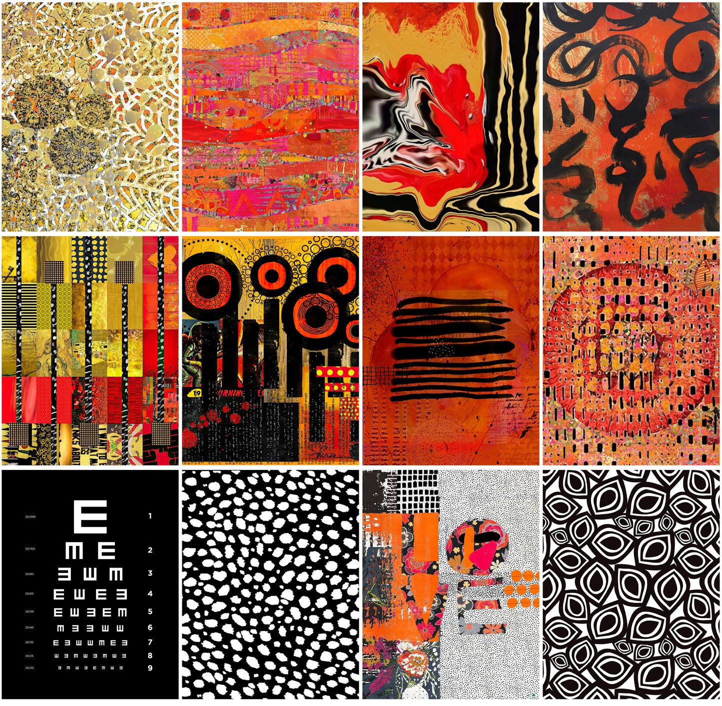 A 3x4 collage of twelve abstract art prints featuring diverse patterns, textures, and color schemes including red, orange, black, yellow, and white.