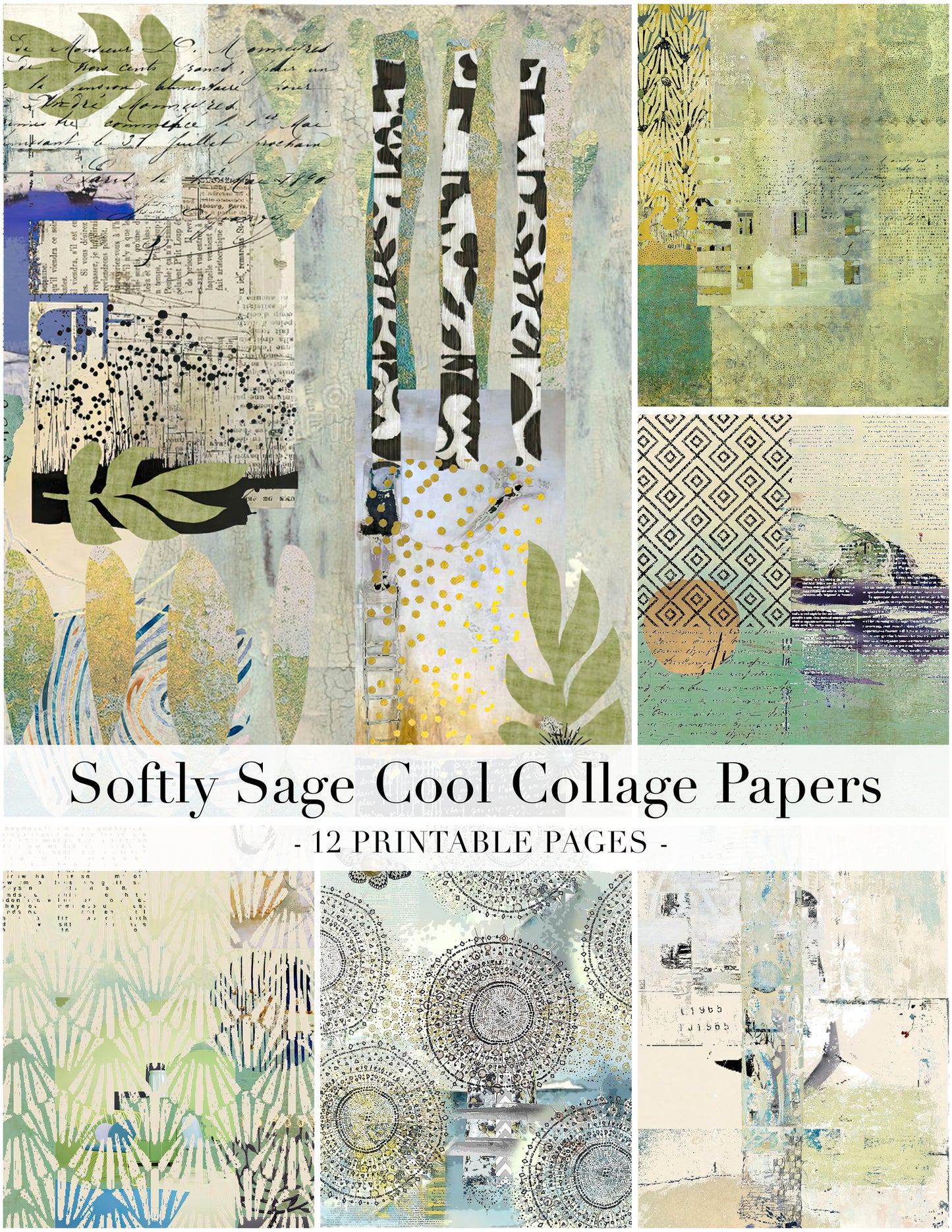 Softly Sage Cool Collage Papers - 12 Page Printable Download 025